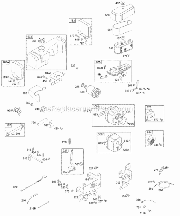 Controls Muffler Fuel Air Cleaner Diagram and Parts List for 197702-0015-E1  Briggs and Stratton Engine